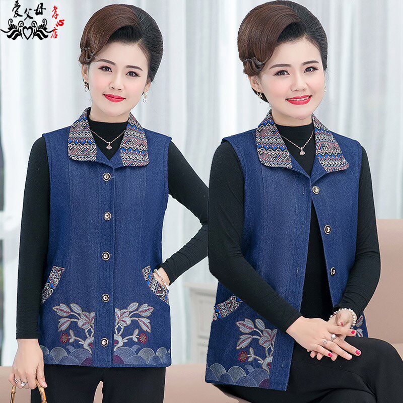 妈妈春装牛仔马夹外套50岁中老年女装春秋短款马甲背心坎肩外穿新