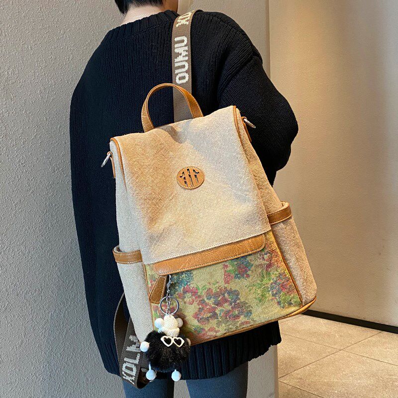 亚麻帆布背包轻巧复古女式国潮民族风碎花扎染防盗单双肩旅游书包