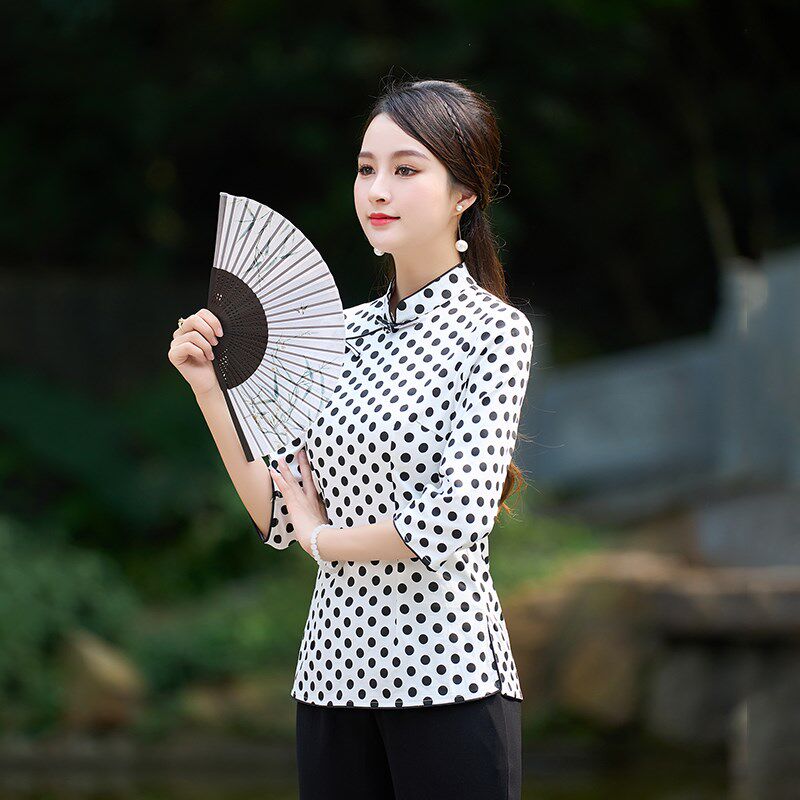 中国风修身改良复古中袖旗袍上衣中式七分袖盘扣唐装女显瘦春夏季