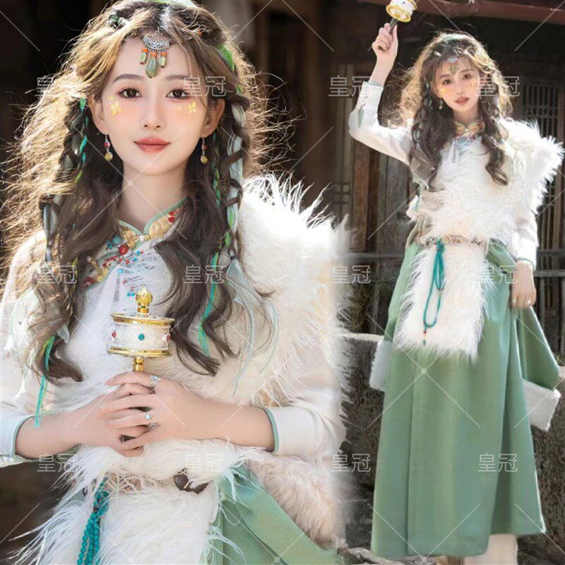 新款藏袍藏族服装女个人旅拍写真绿色藏袍西藏民族风服饰藏裙长袍