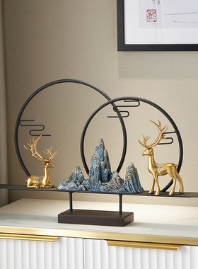 新中式进门玄关摆件复古假山办公室招财鹿装饰客厅V电视柜家居饰