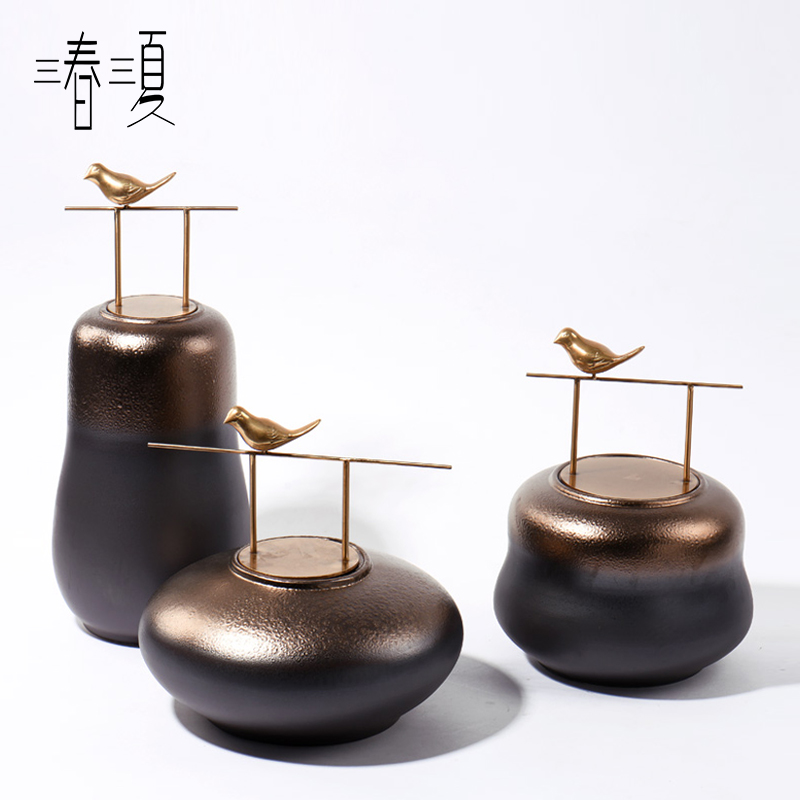 新中式褐色e陶瓷罐摆设样板房软装饰品展柜客厅电视柜玄关摆件