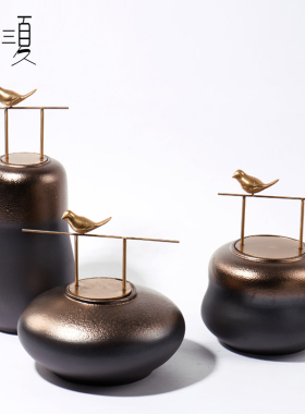 新中式褐色e陶瓷罐摆设样板房软装饰品展柜客厅电视柜玄关摆件