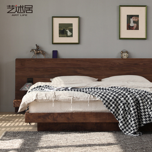 雙人床1.8米北歐櫻桃實(shí)木輕奢床 榻榻U米床黑胡桃木床 主臥日式