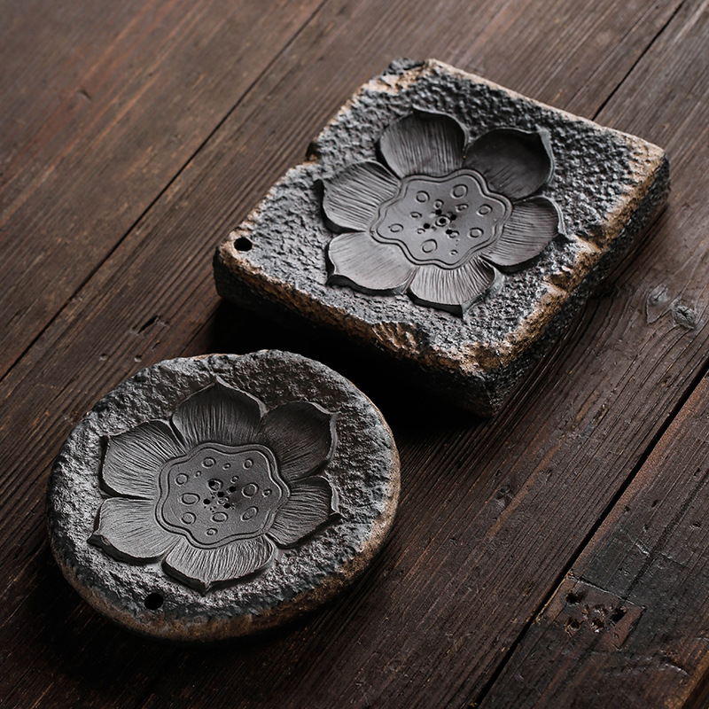 禅意粗陶莲香壶承 手工茶u台复古柴烧鎏金功夫茶具蓄水干泡盘壶托