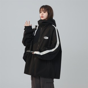 拼色两面穿防水冲锋衣外套女春季 宽松连帽棒球服夹克 胖mm学生大码