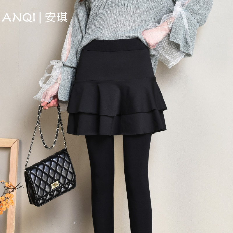 带裙子假两件打底裤女纯棉春秋冬外穿高腰显瘦连裤裙百褶裙裤薄款