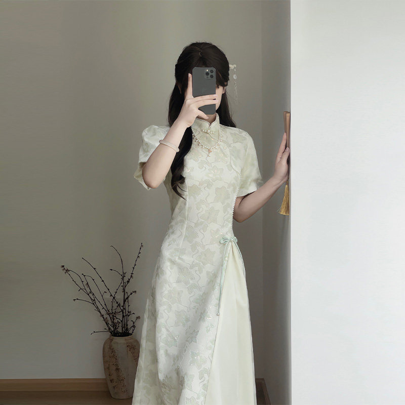 绿色旗袍新中式改良年轻款少女连衣裙小个子蕾丝A摆2025新款夏季