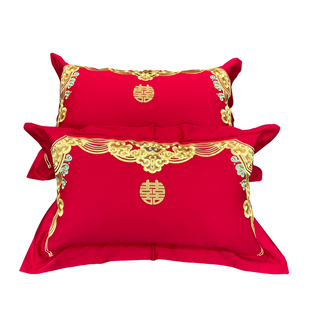 喜字48 奢华100c支长绒棉单人枕套 刺绣大红信封枕结婚床品