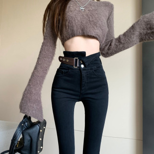 高腰牛仔裤女2025新款设计感腰带紧身显瘦百搭小脚铅笔裤配靴子潮