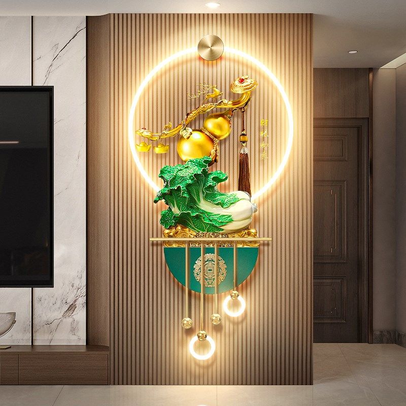 白菜百财图客厅电视格栅装饰x挂件新中式葫芦玄关背景墙发光壁画