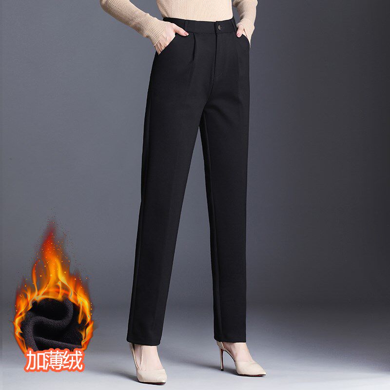 秋冬加绒大码西装裤垂感高腰显瘦直筒裤胖mm裤子黑色弹力休闲女裤