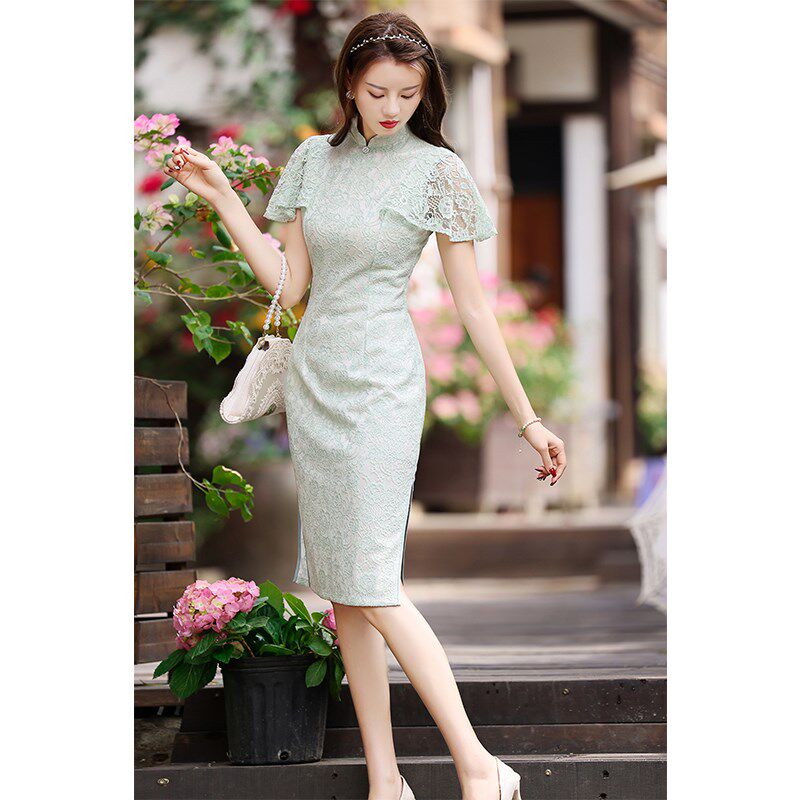 新中式旗袍小个子改良年轻款少女倒大袖绿色2025新款夏季高级感