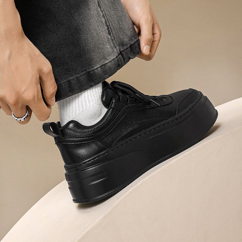 黑色厚底板鞋男秋m冬透气新款休闲小白鞋男款内增高松糕鞋子男士