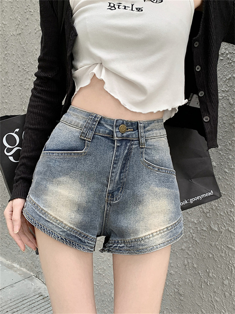 辣妹做旧阔腿牛仔短裤女2024夏季薄款美式复古高腰直筒a字热裤子