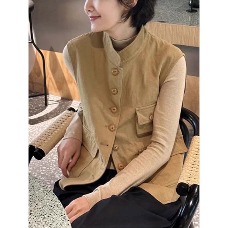 驼色宽松休闲复古无袖马甲女款2025新款春秋季日系外穿马夹背心潮