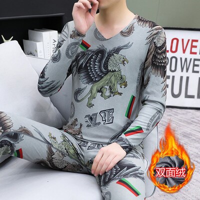 男土秋衣秋裤冬j季男士V领阳离子青少年德绒时尚印花保暖内衣套装