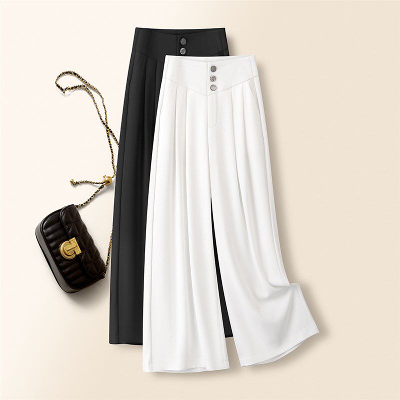 白色夏季薄款透气甩裤西装阔腿裤女2025新款超高腰宽筒裤妈妈裙裤
