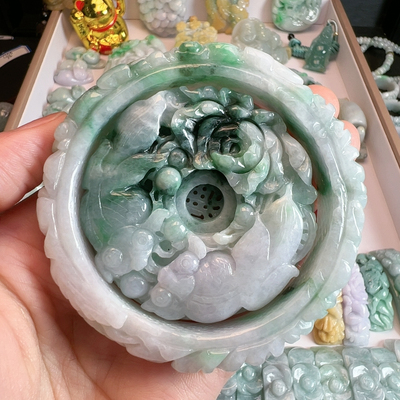 缅料A货翡翠 荷花鱼套镯 和和美美 年年有余 圈口58+