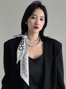 女士新款项链丝巾系脖珍珠小领巾脖子颈饰高级感长条细窄西装颈带