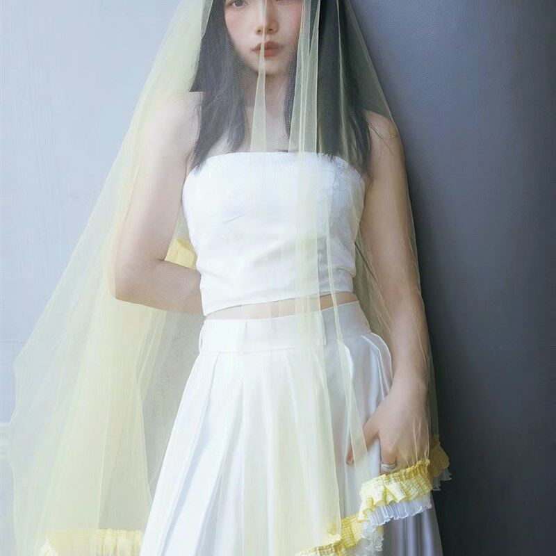 2024新款新娘婚纱头纱荷叶花边拍照造型样片重工小众高级感头饰长
