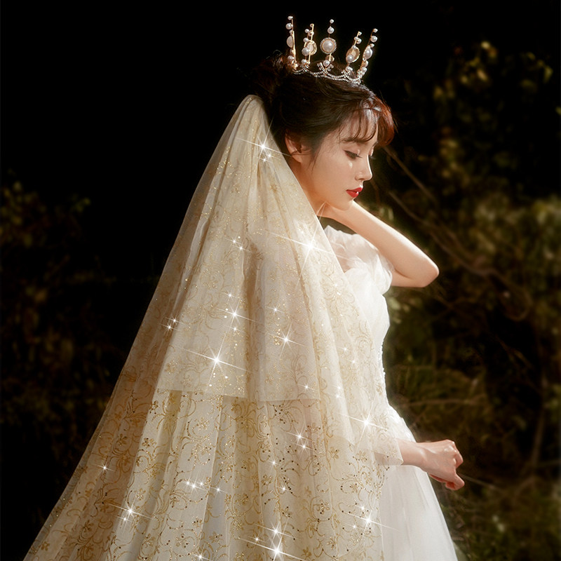 新娘结婚主婚纱头纱闪闪星空长款大拖尾头纱超仙森系网红拍照道具