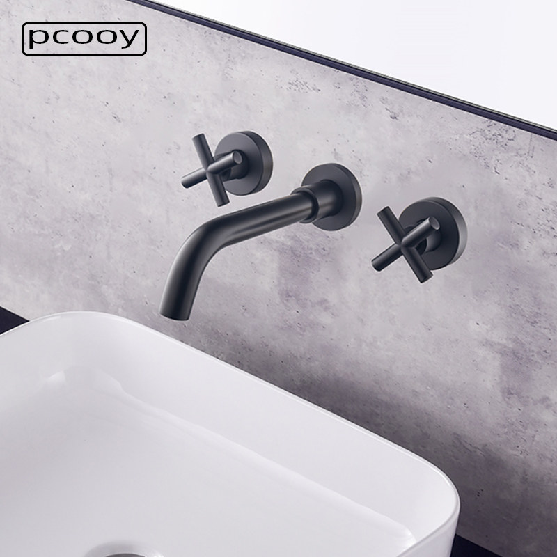 pcooy入墙式暗装全铜面盆双把控黑色洗手台盆预埋墙出冷热水龙头