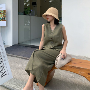 棉麻连衣裙女夏2020新款 V领背心长裙 宽松显瘦文艺气质单排扣长款