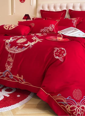 中式龙凤刺绣结婚n四件套大红色床单被套喜被婚庆床上用品