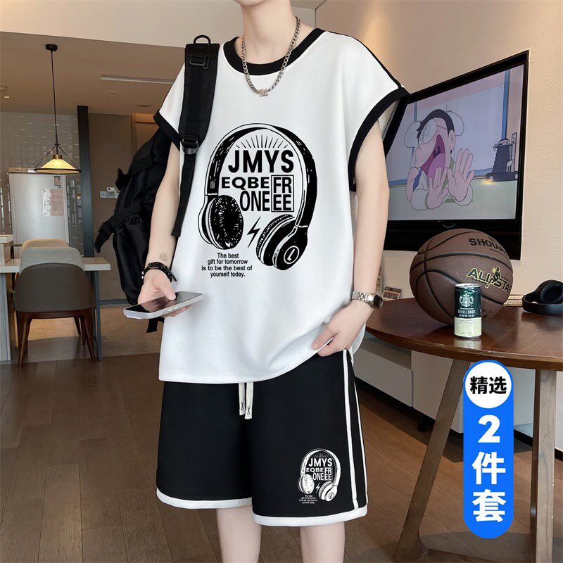 夏季青少年无袖t恤男2025新款高中初中学生潮牌夏天大童运动套装