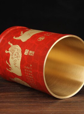 彩绘红铜五牛笔筒摆件 铜实心笔筒摆件M 铜笔筒摆件办公用品