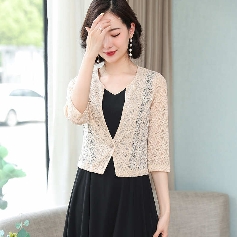 外搭夏季开衫薄款配旗袍裙子2021新款女士春秋蕾丝西装小披肩外套