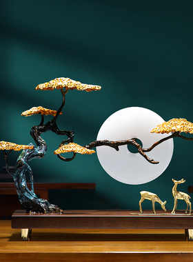 迎客松铜鹿摆件新中式玄关v柜正对门入户装饰品办公室领导高级