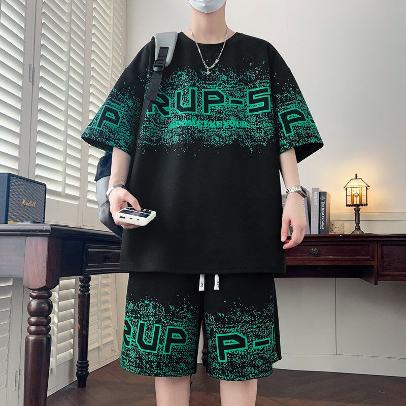 青少年夏季运动套装男生衣服初高中学生宽松大码短袖t恤加肥加大