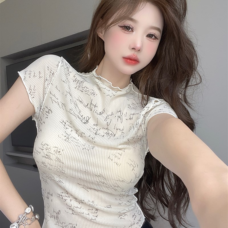 半高领修身短袖t恤女夏季新款美式辣妹短款小飞袖上衣打底衫内搭