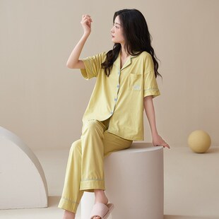 2023年新款全棉睡衣女夏季高级感薄款纯棉长裤短袖休息套装