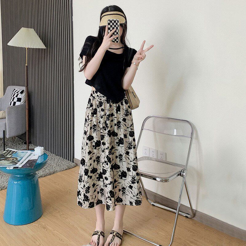 法式气质黑白碎花伞裙两件套装2024女夏小个子高腰a字半身长裙子
