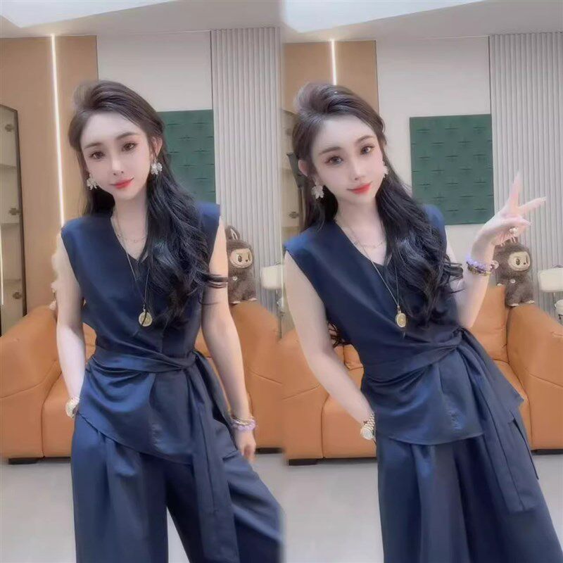 高级感时尚套装女2025夏季新款V领无袖绑带上衣+休闲阔腿裤两件套