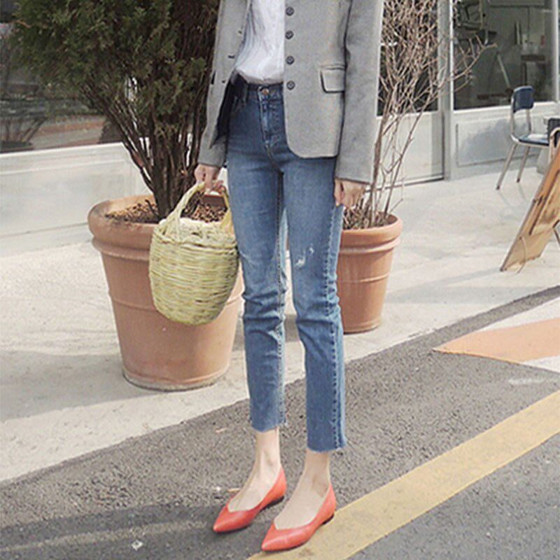 烟管裤女高腰直筒牛仔裤2024年新款修身春秋女士小个子窄版九分裤