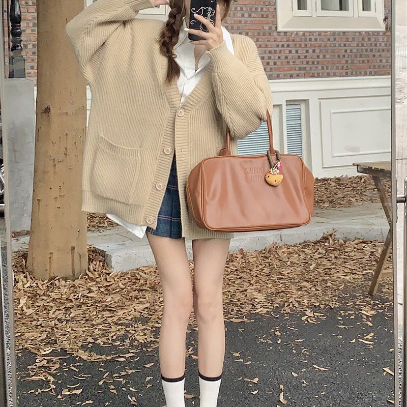 慵懒风休闲V领宽松修身毛衣开衫女装春季粉色软糯针织衫外套上衣