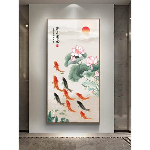 BJX玄关装画入九图荷花轻奢走廊过户道饰壁挂画新中式玄鱼幻进门