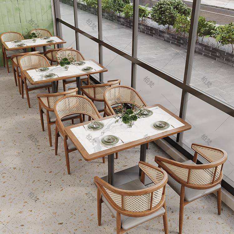 实木藤餐编藤编餐椅复白蜡木包岩板桌麻辣烫酒店早餐厅饮古桌餐椅