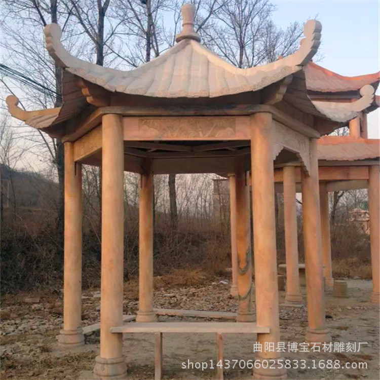大理石凉亭晚霞红石雕亭子公园六角避雨景观单层廊架雕塑摆件厂家