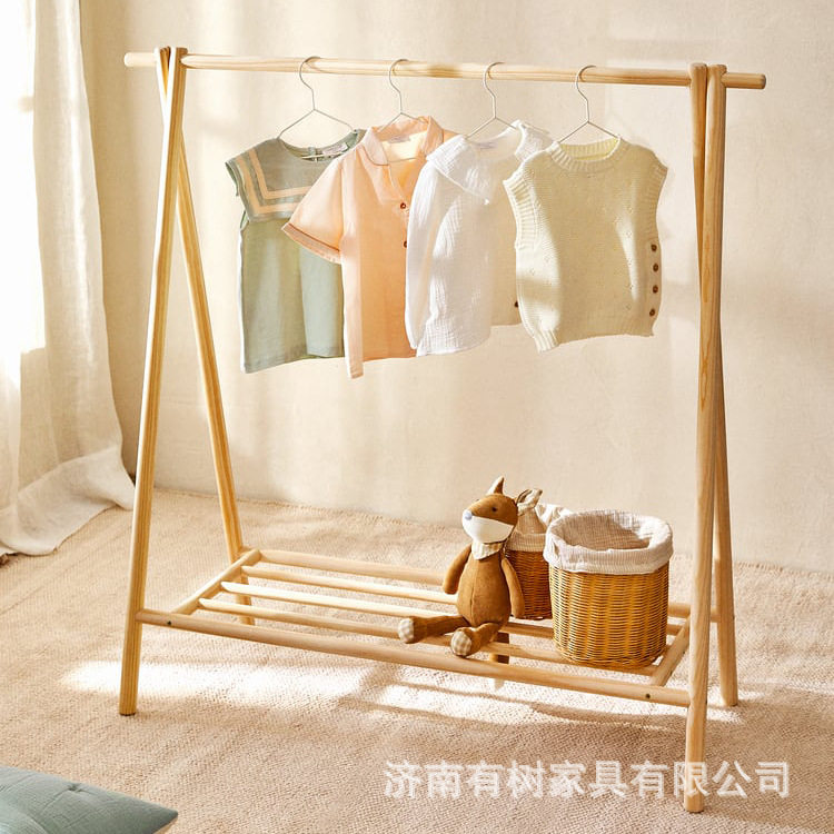 松木实木儿童衣帽架装扮置物架小型简约服装店童装展示落地挂衣架