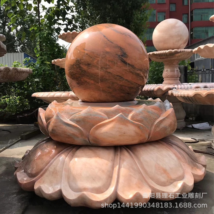 石雕莲花晚霞红大理石莲花座风水球喷泉庭院广场景观雕塑