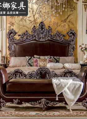 欧别JUP墅卧室家式具花奢华实木雕主皮艺1.8米双人床公床