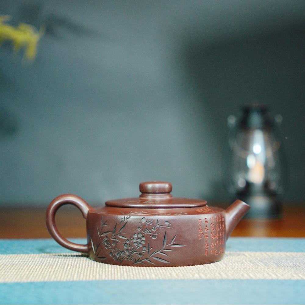 兴紫壶雅周盘壶家用宜茶具名家纯手工砂刻绘原矿紫清紫砂壶泥紫砂