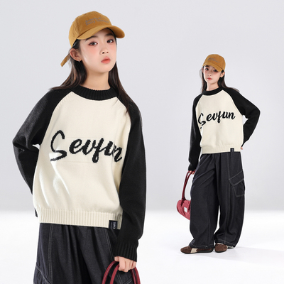 女大童毛衣2025款冬季初中生少女插肩袖套头保暖校服内搭冬装上衣