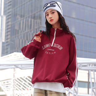 女大童加绒卫衣2025新款初中生红色冬季半拉链高领打底衫保暖上衣