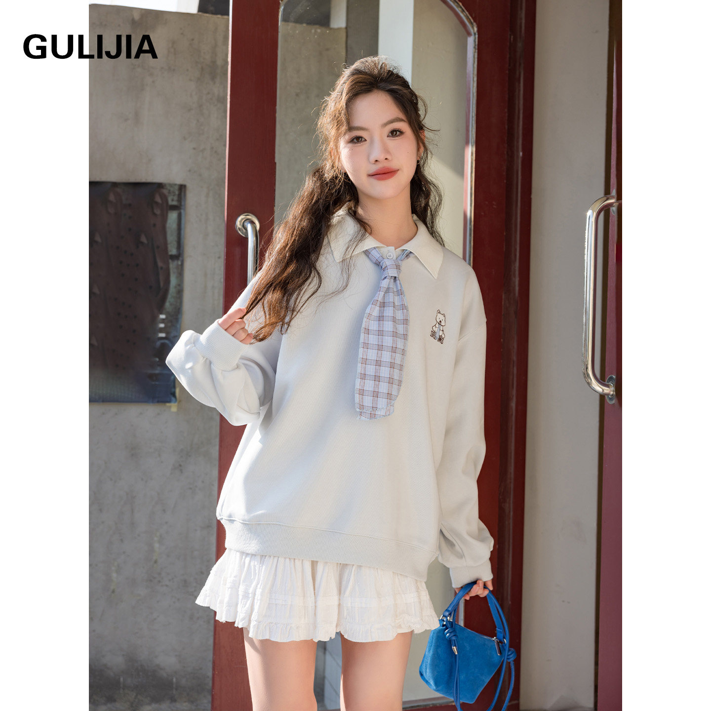 古力家春秋款学院风假两件领带卫衣女大童2026新款甜美百搭上衣